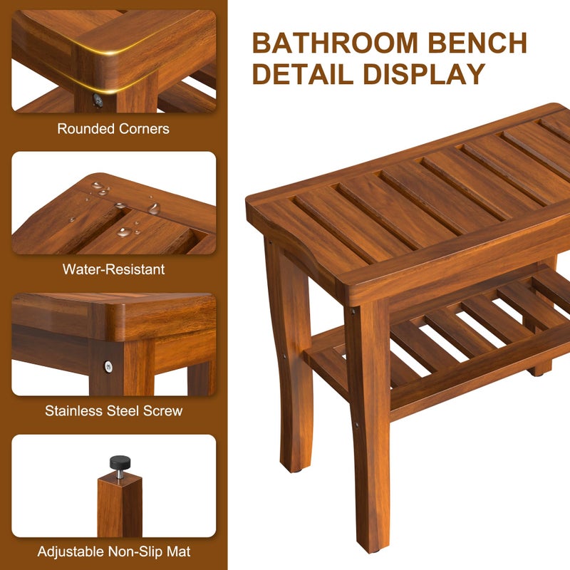 Greenual Teak Wood Shower Bench Stool with Storage Shelf, Wooden Waterproof Bathroom Spa Bathing Teak Shower Stool with Non-Slip Feet Gadget 2024 for Indoor or Outdoor Shower Chair Seat Organizer - Image 4