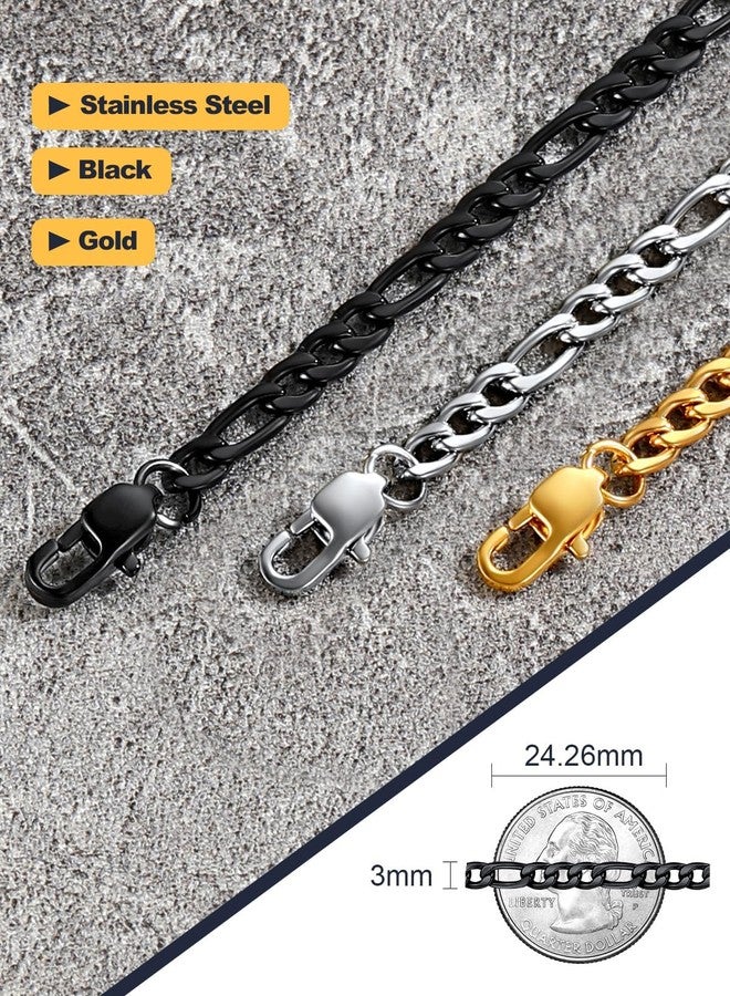 U7 3mm Figaro Chain Black Color with Inlaid Stainless Steel Necklace for Pendant, 22" - Image 4