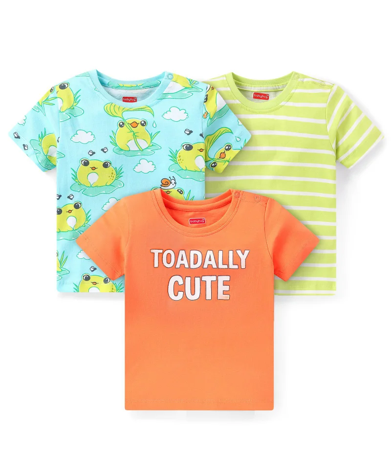 babyhug Babyhug Cotton Knit Half Sleeves Text & Froggy Printed T-Shirts Pack of 3 - Multicolour