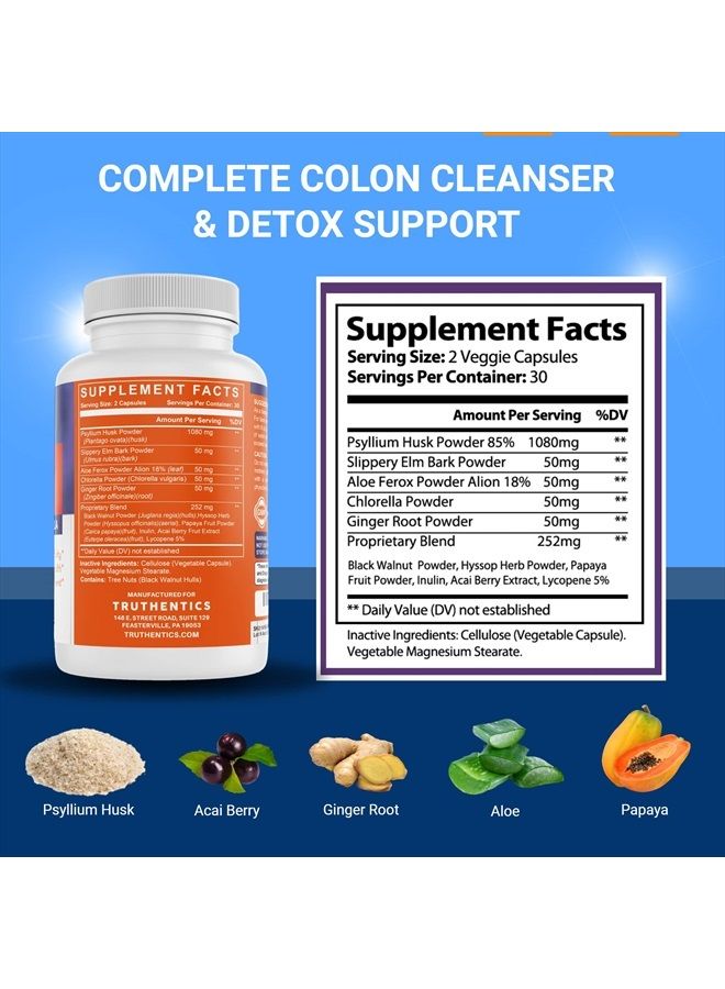 TRUTHENTICS ELIMINAID Colon Cleanse Supplement with Psyllium Husk - Supports Occasional Constipation, Detox, Healthy Bowel Movements - 60 Capsules - Image 2