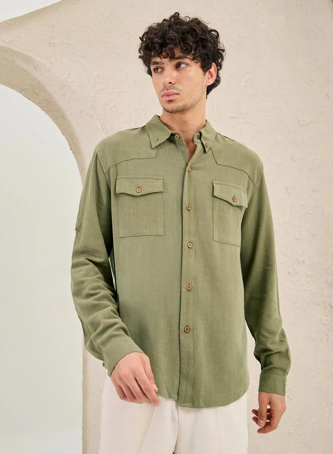 Styli Regular Fit Spread Collar Shirt with Chest Pockets