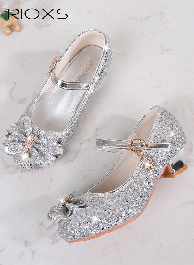 RIOXS Princess Crystal Shoes, Fashion Girls' Shoes, Glitter Girls Dress Shoes, Girls Toddler Little/ Big Kid Jada Shoes, Flower Girls Shoes for Wedding Birthday Party Prom, Sequins Closed Toe Sandals, Kids School Uniform Shoes with Buckled Ankle Straps, Silver Footwear Formal Shoes, 3cm Low Heels - Image 3