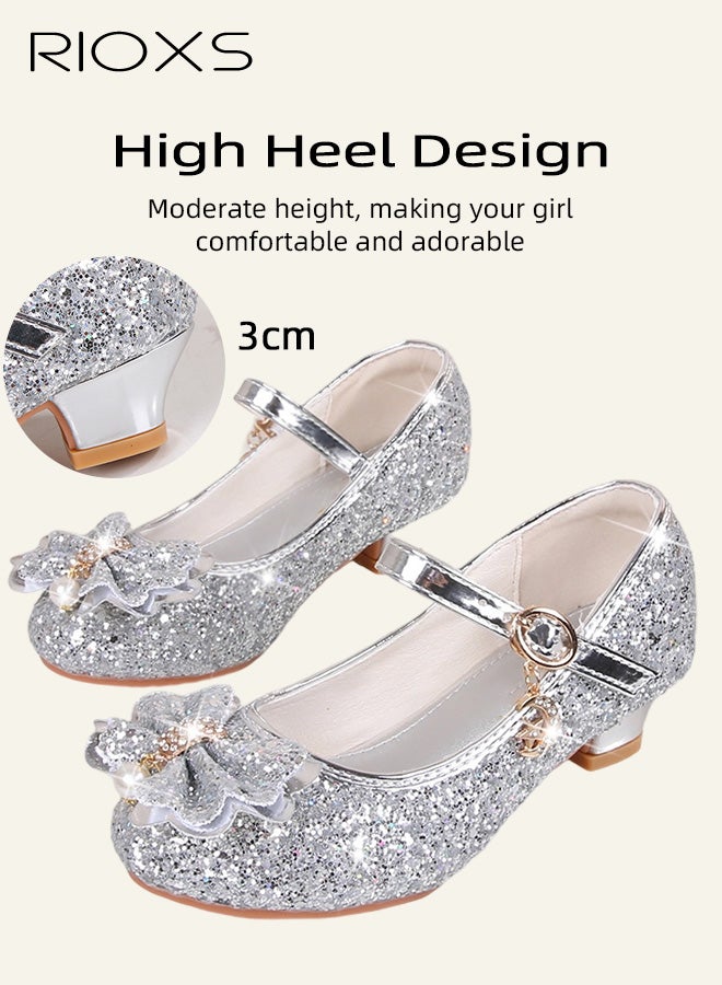 RIOXS Princess Crystal Shoes, Fashion Girls' Shoes, Glitter Girls Dress Shoes, Girls Toddler Little/ Big Kid Jada Shoes, Flower Girls Shoes for Wedding Birthday Party Prom, Sequins Closed Toe Sandals, Kids School Uniform Shoes with Buckled Ankle Straps, Silver Footwear Formal Shoes, 3cm Low Heels - Image 5