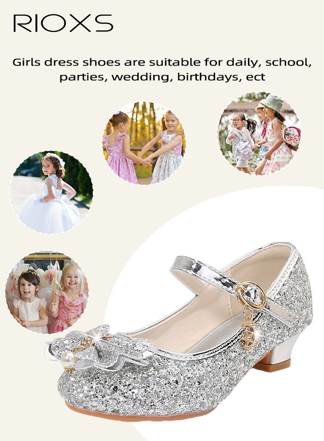 RIOXS Princess Crystal Shoes, Fashion Girls' Shoes, Glitter Girls Dress Shoes, Girls Toddler Little/ Big Kid Jada Shoes, Flower Girls Shoes for Wedding Birthday Party Prom, Sequins Closed Toe Sandals, Kids School Uniform Shoes with Buckled Ankle Straps, Silver Footwear Formal Shoes, 3cm Low Heels - Image 4