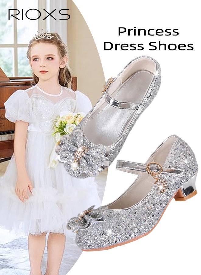 RIOXS Princess Crystal Shoes, Fashion Girls' Shoes, Glitter Girls Dress Shoes, Girls Toddler Little/ Big Kid Jada Shoes, Flower Girls Shoes for Wedding Birthday Party Prom, Sequins Closed Toe Sandals, Kids School Uniform Shoes with Buckled Ankle Straps, Silver Footwear Formal Shoes, 3cm Low Heels - Image 1