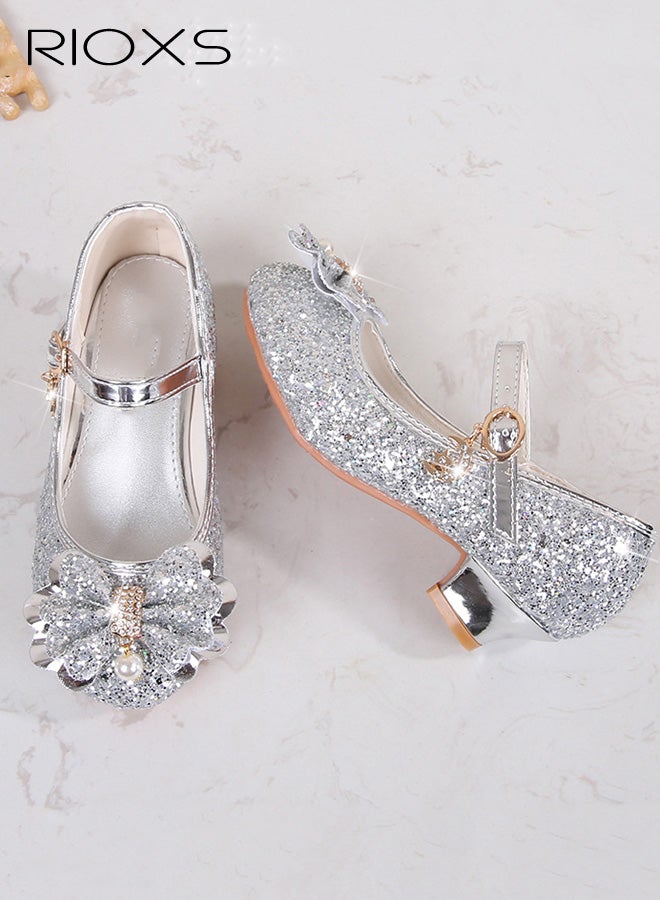 RIOXS Princess Crystal Shoes, Fashion Girls' Shoes, Glitter Girls Dress Shoes, Girls Toddler Little/ Big Kid Jada Shoes, Flower Girls Shoes for Wedding Birthday Party Prom, Sequins Closed Toe Sandals, Kids School Uniform Shoes with Buckled Ankle Straps, Silver Footwear Formal Shoes, 3cm Low Heels - Image 2