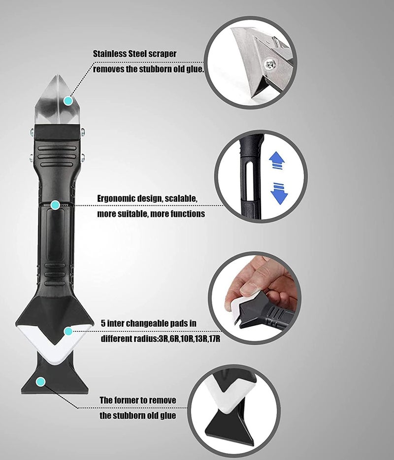 SHOPOLIFE Scraper for Silicone Cleaning 3 in 1 Silicone Caulking Kit Extra Silicone Remover on Tiles Gap Sealant Finishing Reuse and Replaceable 4 Pads  - Image 2