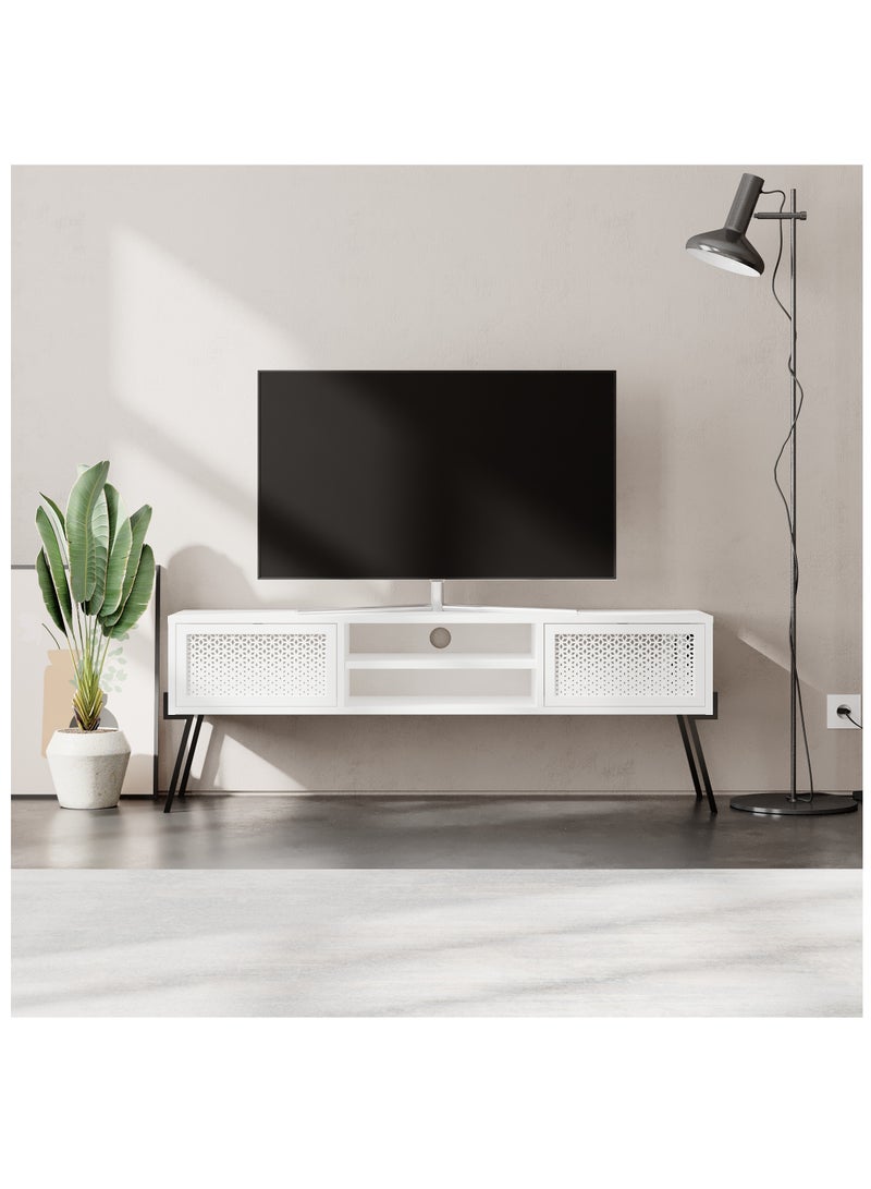 موراه حامل تلفزيون موراه هوم نايف، بابان، رف واحد مفتوح، حتى ٥٥ بوصة | حامل تلفزيون عصري بأرجل معدنية | خزانة تخزين لغرفة المعيشة | ١٤٠×٣٥٫٦×٥٠٫٧ سم (أبيض) - Image 1