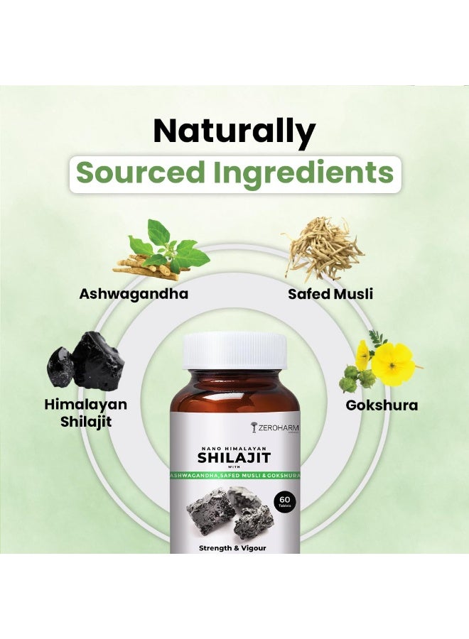 ZEROHARM Nano Himalayan Shilajit With Ashwagandha, Safed Musli & Goksura | Boosts Fitness, Stamina | Improves Energy, Performance & Helps Manage Stress | For Men and Women | 180 Shilajit Tablets - Image 2