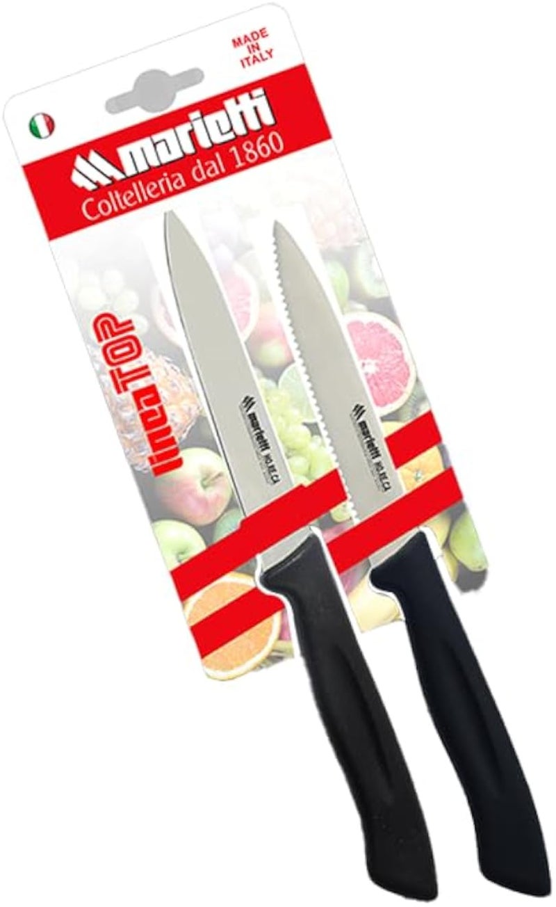 Marietti 2-Piece Black Utility Knife Set â€“ Serrated & Flat Blades 11cm â€“ Italian Stainless Steel for Vegetables & Paring, Rust-Resistant, Eco-Friendly