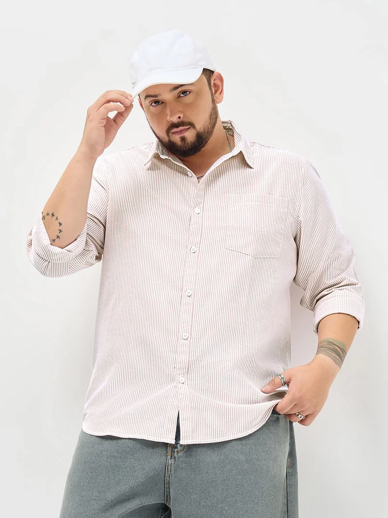 Urbano Fashion Urbano Plus Men's Light Pink Cotton Full Sleeve Regular Fit Casual Striped Shirt