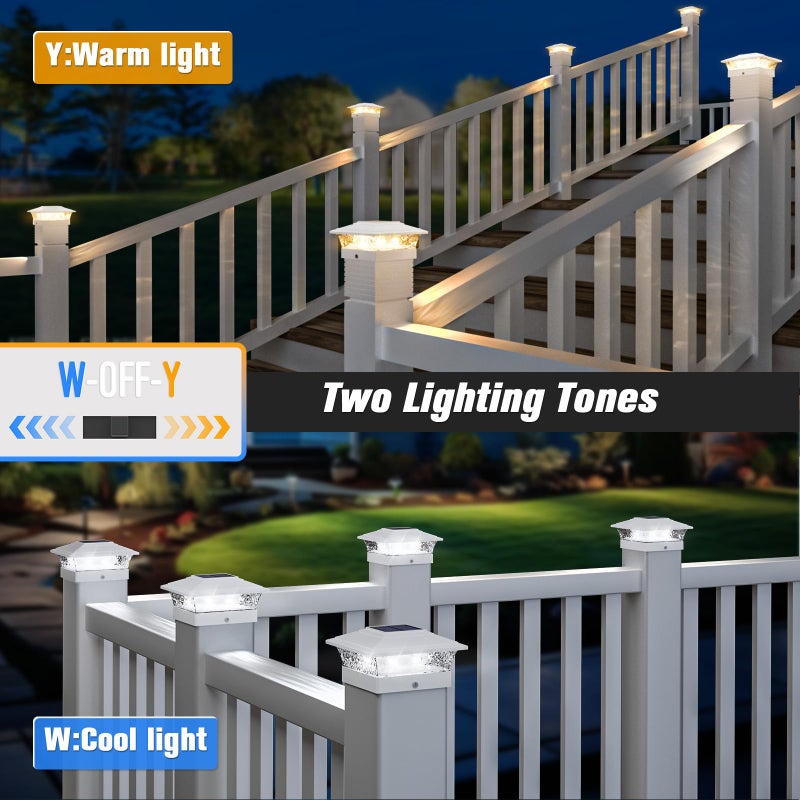 JOFIOS Solar Post Cap Lights Outdoor 12pack, Waterproof Fence Post Lights with 16 Ultra Bright LEDs Fit 4x4/5x5/6x6 Wood/Vinyl Posts, White Deck Post Lights with Warm/Cool White for Garden Patio Porch Yard - Image 4