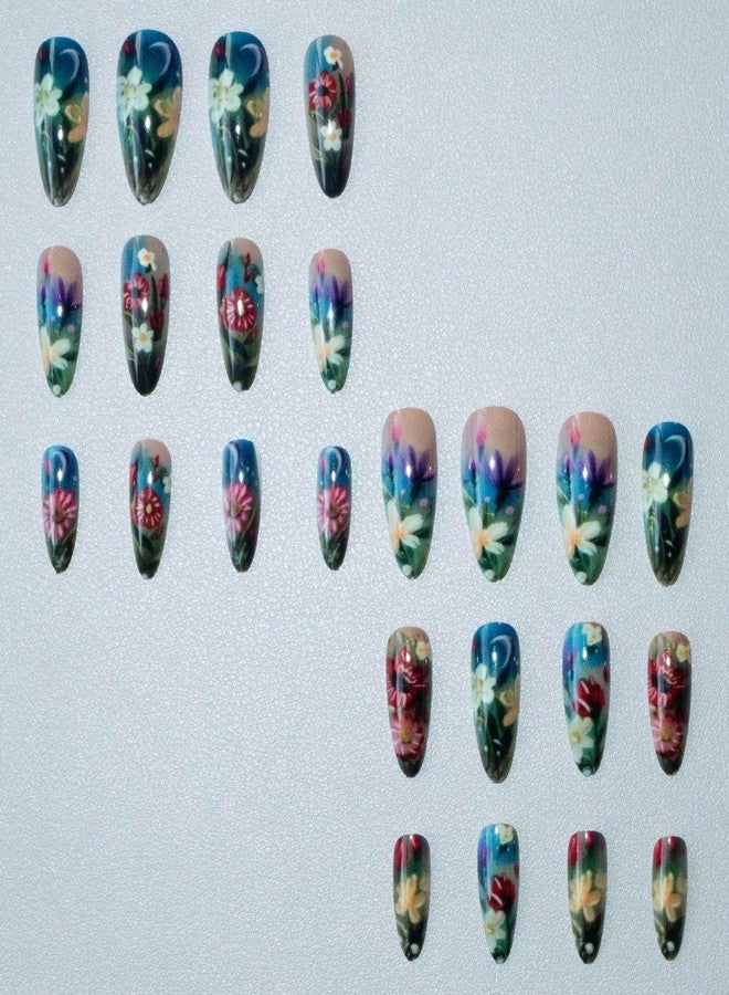 GRITOSE Flower Press on Nails Almond Shape Fake Nails with designs Stick on Nail Coloful Floral Acrylic Glue on Nails Glossy Medium Length False Nails Full Cover Spring Summer Artificial Nail for Women 24pcs - Image 4