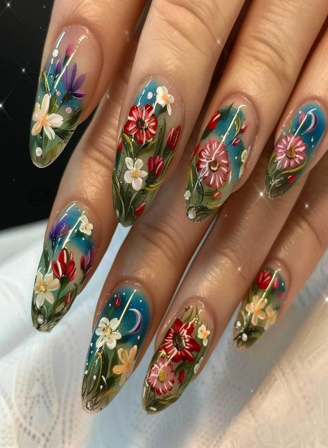 GRITOSE Flower Press on Nails Almond Shape Fake Nails with designs Stick on Nail Coloful Floral Acrylic Glue on Nails Glossy Medium Length False Nails Full Cover Spring Summer Artificial Nail for Women 24pcs - Image 1