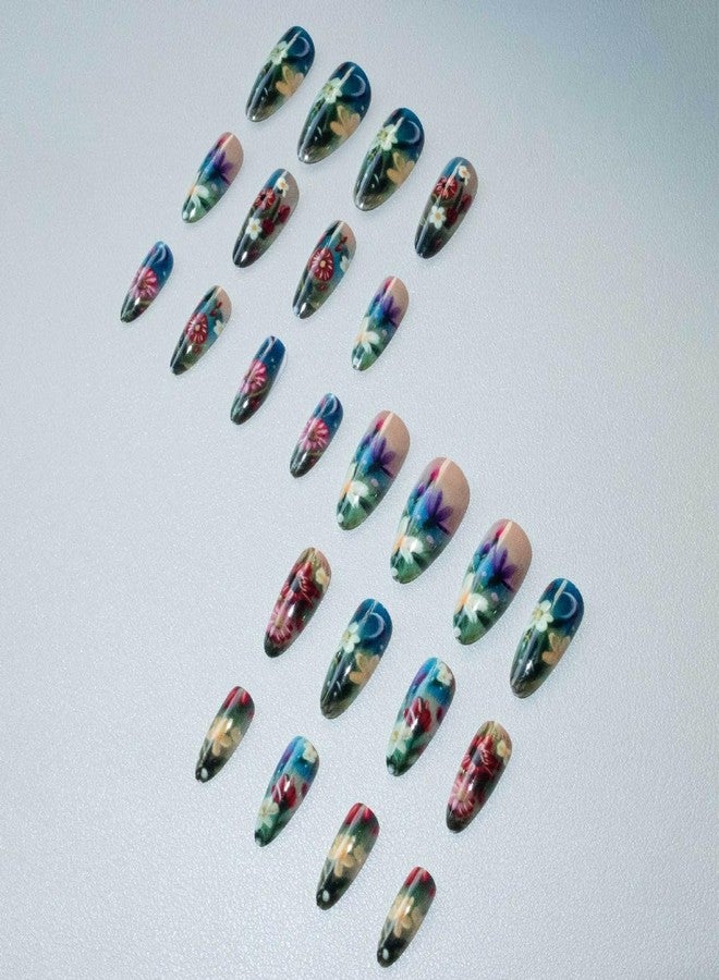 GRITOSE Flower Press on Nails Almond Shape Fake Nails with designs Stick on Nail Coloful Floral Acrylic Glue on Nails Glossy Medium Length False Nails Full Cover Spring Summer Artificial Nail for Women 24pcs - Image 3