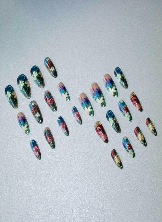 GRITOSE Flower Press on Nails Almond Shape Fake Nails with designs Stick on Nail Coloful Floral Acrylic Glue on Nails Glossy Medium Length False Nails Full Cover Spring Summer Artificial Nail for Women 24pcs - Image 2