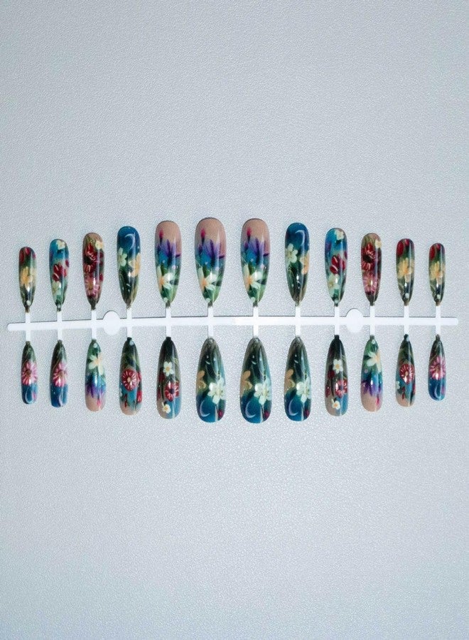 GRITOSE Flower Press on Nails Almond Shape Fake Nails with designs Stick on Nail Coloful Floral Acrylic Glue on Nails Glossy Medium Length False Nails Full Cover Spring Summer Artificial Nail for Women 24pcs - Image 5