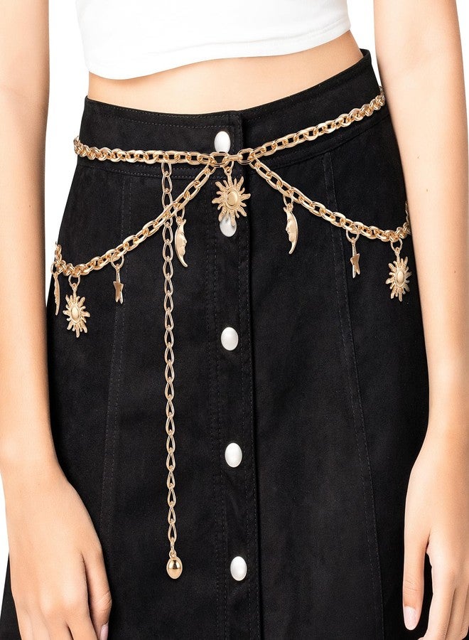 Amaxiu Double Layer Women Metal Chain Belt, Moon Star Waist Chain Women Link Belt Skinny Waistband Chain for Dresses Jeans(Fits waist size 25"-45",Gold,1) - Image 2