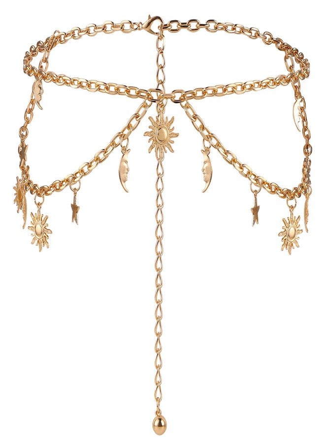Amaxiu Double Layer Women Metal Chain Belt, Moon Star Waist Chain Women Link Belt Skinny Waistband Chain for Dresses Jeans(Fits waist size 25"-45",Gold,1) - Image 1