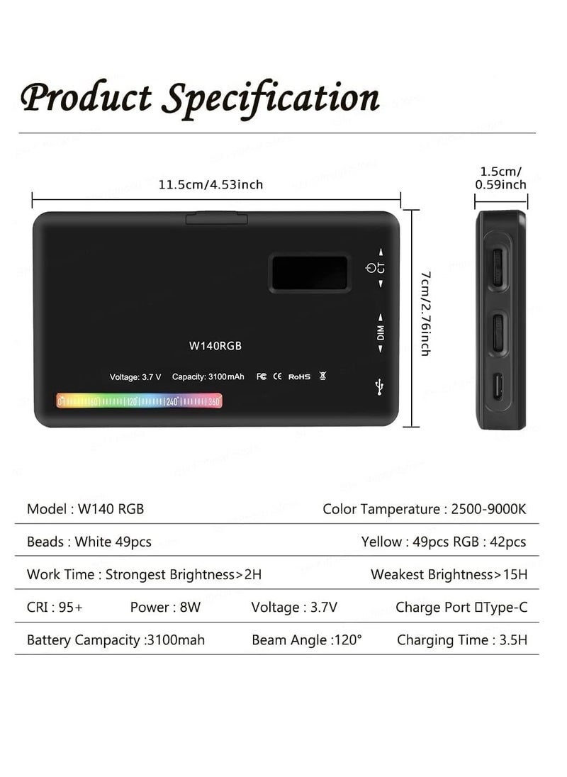 Generic W140 RGB Video Light, Portable LED Camera Light Panel 0-360 Full Color, CRI95+ 2500K-9000K Dimmable 20 Lighting Effects, 3000mAH Rechargeable LED Lighting for Photography, Video Conference, TikTok  - Image 2