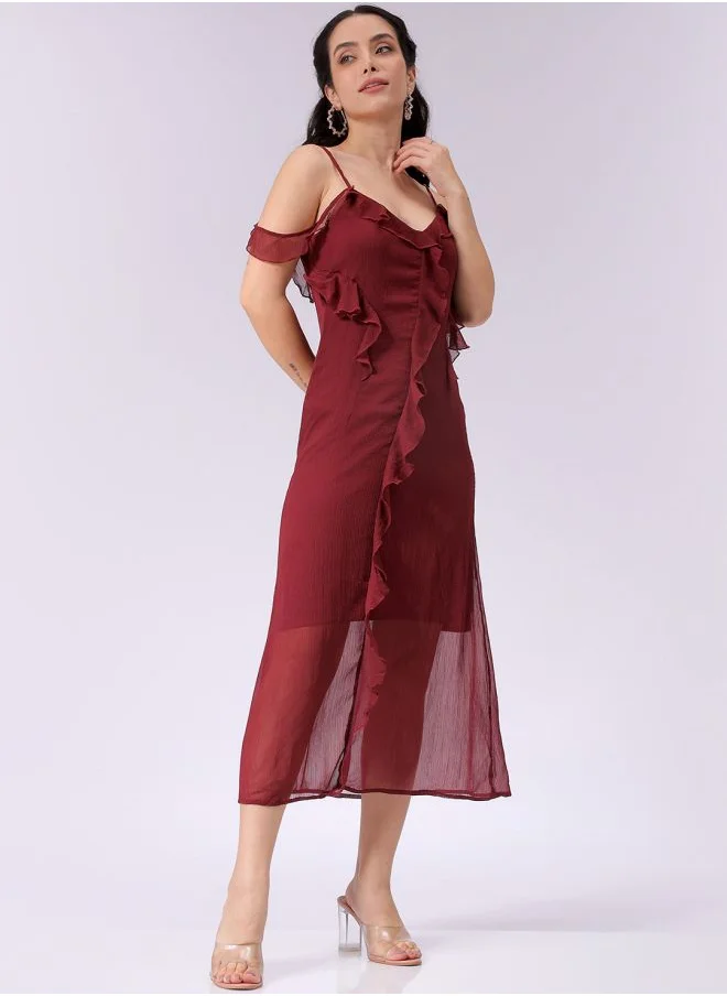 Freehand Women A-Line Casual Solid Ruffle Dress