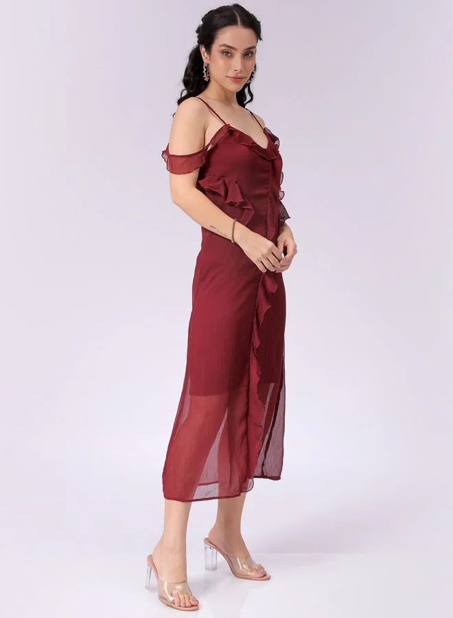 Freehand Women A-Line Casual Solid Ruffle Dress