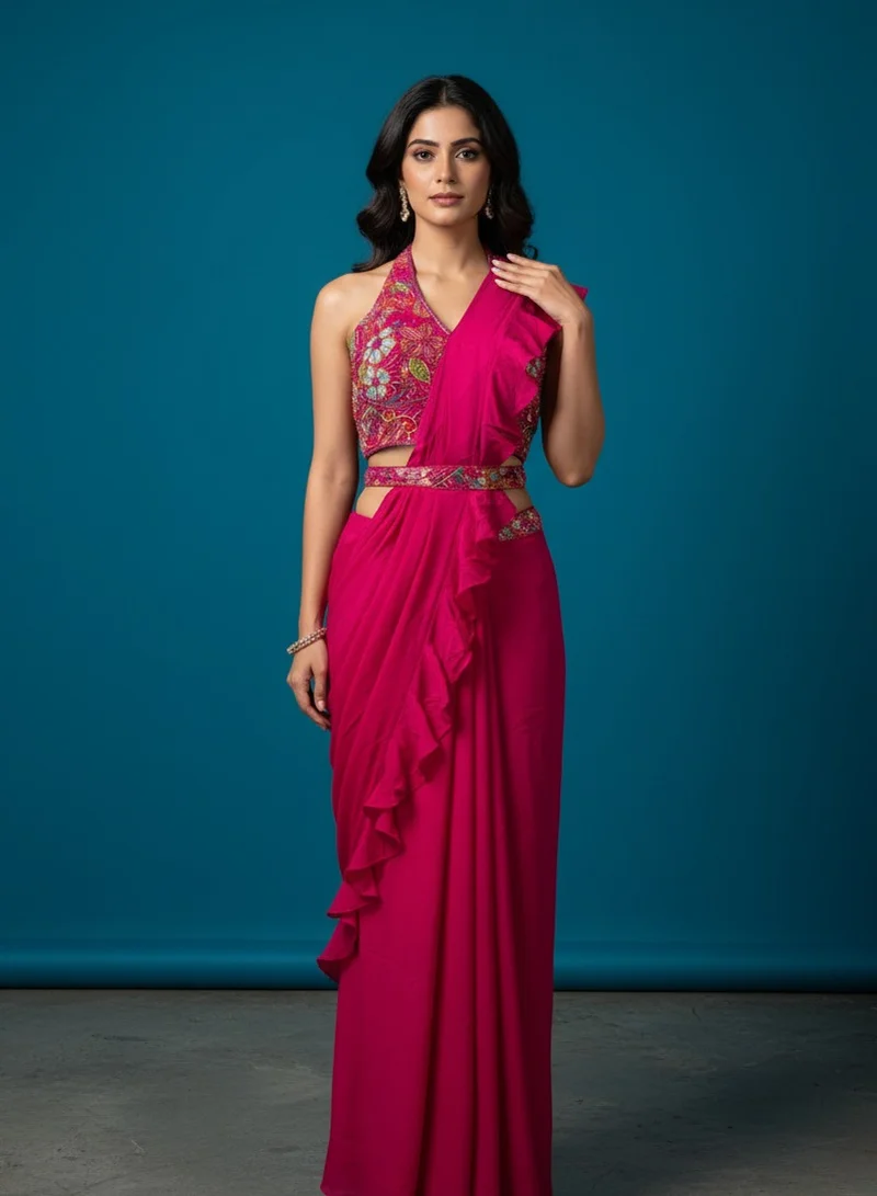 Lehar Fuchsia Ruffle Pre-Draped Saree with Embroidered Halter Blouse