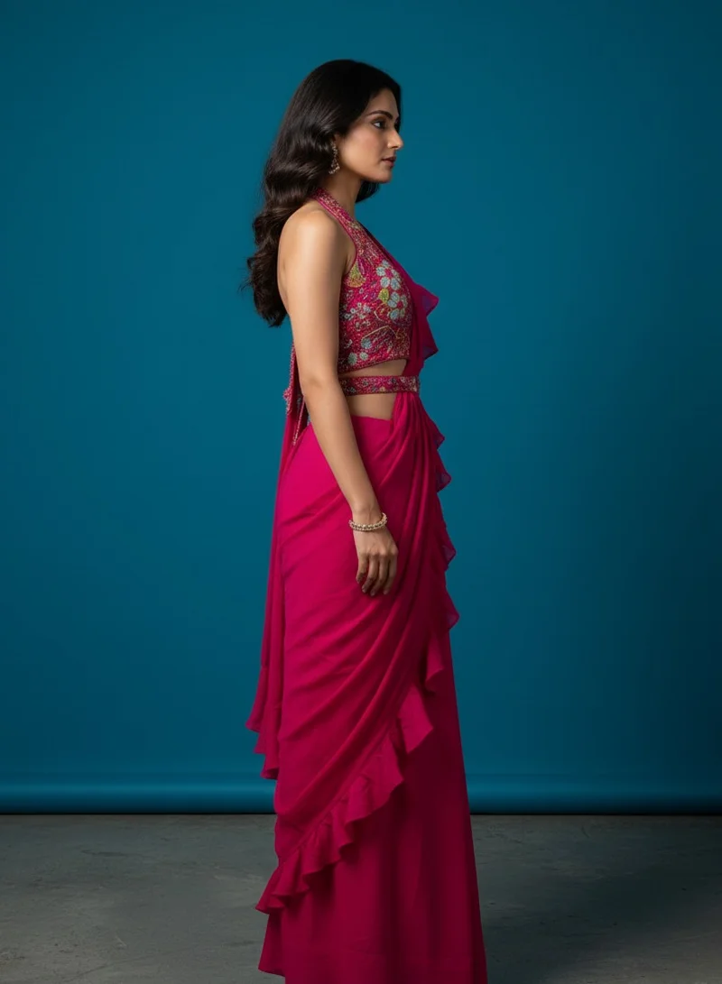 Lehar Fuchsia Ruffle Pre-Draped Saree with Embroidered Halter Blouse