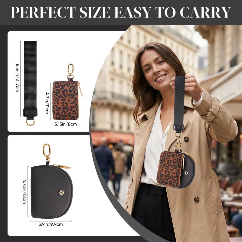 VUTUXA KeyChain Wallet Wristlet Wallets For Women Mini Zip Dual Pouch Wristlet (black+leopard) - Image 2