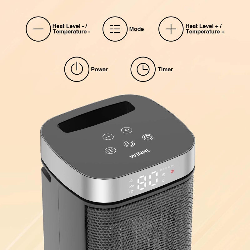WINHL Portable Space Heater, Three Heating Modes (700W/1000W/1500W), with Remote Control, 1-12H Timer Electric Heaters, Ideal for Home, Office, and Bedroom Indoor Use - Image 3