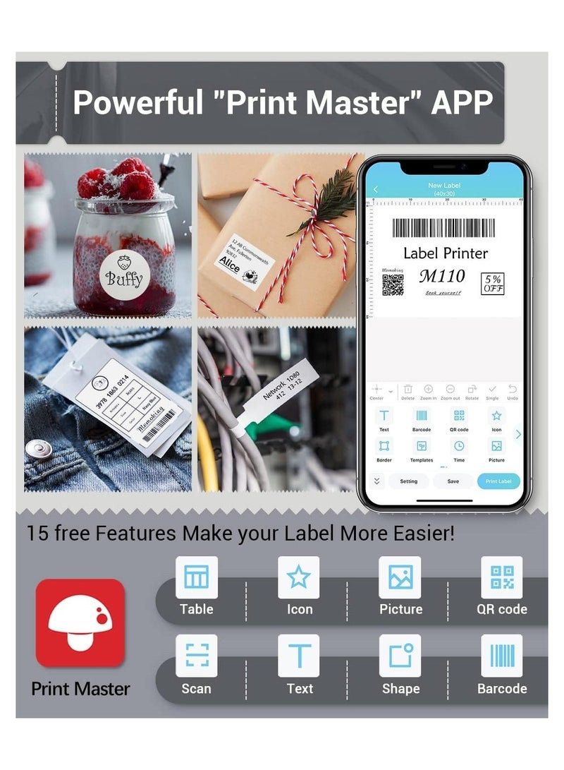 M110 Receipt Printer Label Maker Portable Bluetooth Thermal Mini Label Maker Machine Sticker Maker Barcode Printer for Clothing Jewelry Retail Mailing Compatible with Android iOS System - Image 3