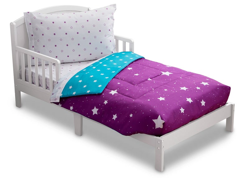 Delta CHILDREN Delta Children 4 Piece Toddler Bedding Set for Girls Reversible 2in1 Comforter Includes Fitted Comforter to Keep Little Ones Snug Bottom Sheet Top Sheet Pillow Case Purple Stars Night