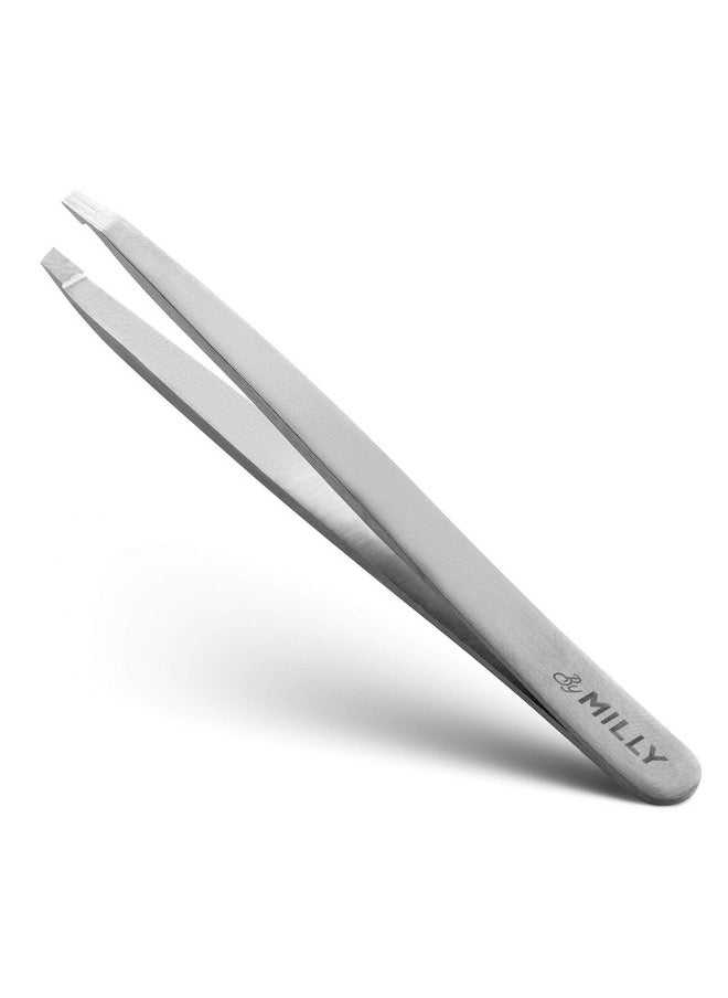 By MILLY - Professional Slanted Tweezers For Women & Men | High Carbon Stainless Steel Sharp Tweezers | Tweezers For Women Facial Hair Plucking, Hand-Filed & Aligned Precision Slant Tips - Silver - Image 1