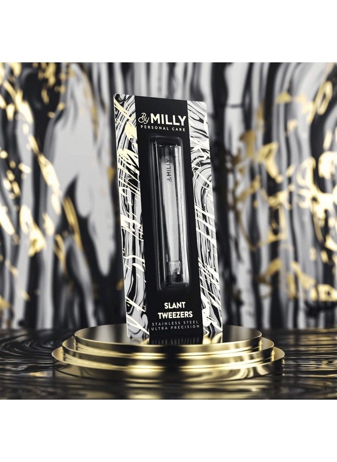 By MILLY - Professional Slanted Tweezers For Women & Men | High Carbon Stainless Steel Sharp Tweezers | Tweezers For Women Facial Hair Plucking, Hand-Filed & Aligned Precision Slant Tips - Silver - Image 1