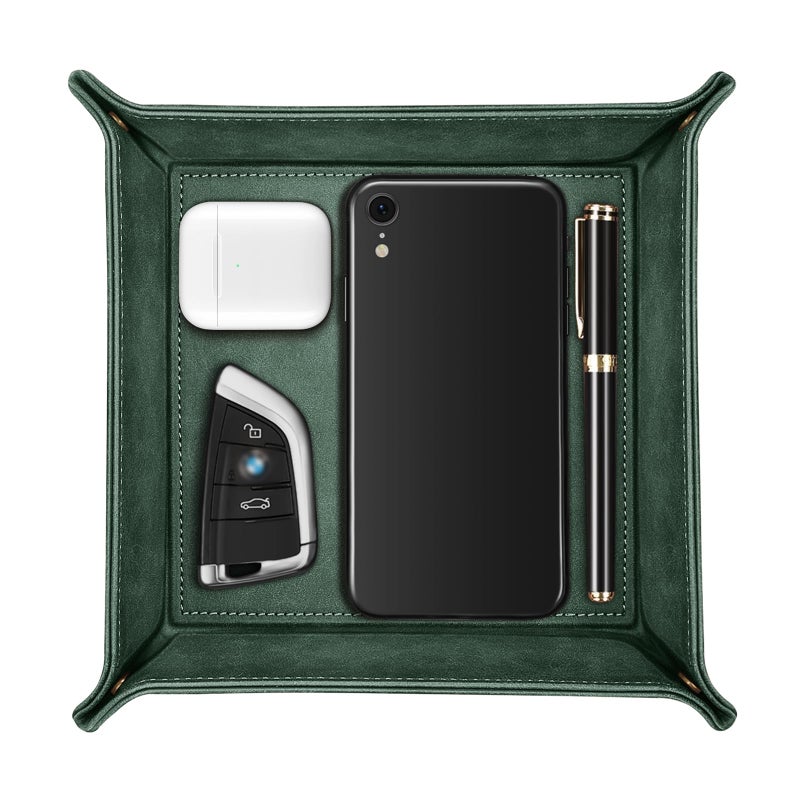 SITHON Valet Tray Desktop Storage Organizer  Premium PU Leather Catchall Bedside Vanity Tray Nightstand Caddy Holder for Remote Controller Keys Phone Wallet Coin Jewelry Dark Green