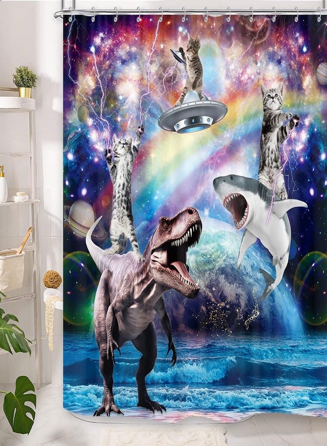 GOAOK Funny Cat Shower Curtain, Cool Fun Cat Riding Dinosaur Shark on Fantasy Universe Galaxy Space UFO Kids Shower Curtain, Hilarious Whimsical Anime Fabric Shower Curtain Set, 72"X72" - Image 3