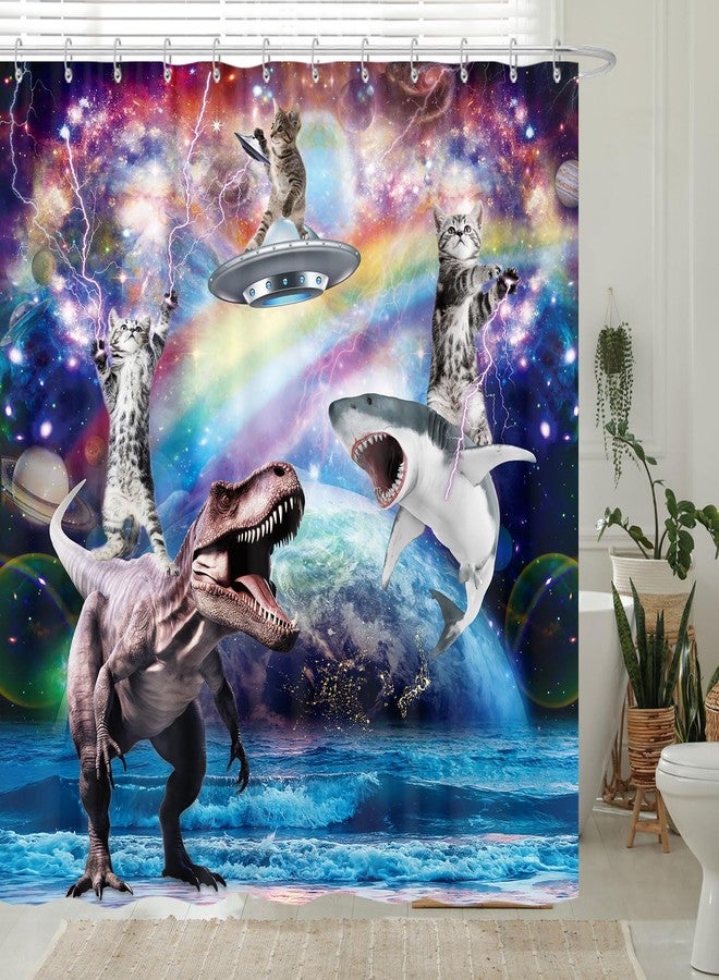 GOAOK Funny Cat Shower Curtain, Cool Fun Cat Riding Dinosaur Shark on Fantasy Universe Galaxy Space UFO Kids Shower Curtain, Hilarious Whimsical Anime Fabric Shower Curtain Set, 72"X72" - Image 2