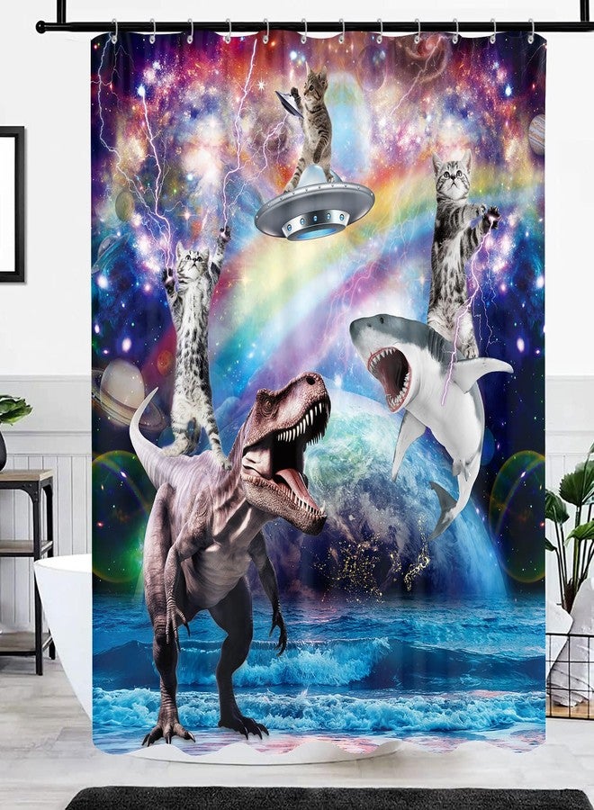 GOAOK Funny Cat Shower Curtain, Cool Fun Cat Riding Dinosaur Shark on Fantasy Universe Galaxy Space UFO Kids Shower Curtain, Hilarious Whimsical Anime Fabric Shower Curtain Set, 72"X72" - Image 4
