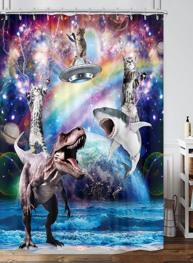 GOAOK Funny Cat Shower Curtain, Cool Fun Cat Riding Dinosaur Shark on Fantasy Universe Galaxy Space UFO Kids Shower Curtain, Hilarious Whimsical Anime Fabric Shower Curtain Set, 72"X72" - Image 1
