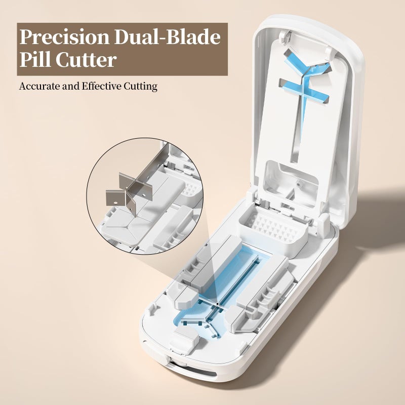 Daviky Pill Cutter Splitter for Small & Tiny Pills, Dual Safety Blades, Adjustable Centering Slot, Precise 1/2 1/3 1/4 Tablet Cutter, Built-in Storage, Portable & Senior-Friendly - Image 2
