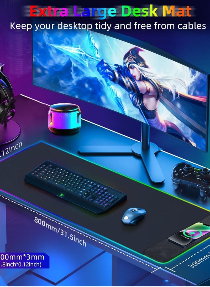 RGB Gaming Mouse Pad with Wireless Charger, Soft Keyboard Pad, Larger Extended Mouse Pad, Non-Slip Rubber Base Computer Mouse Pad, Desk Mat for Laptop/Office/Home 31.49x11.81inch-Black - Image 2
