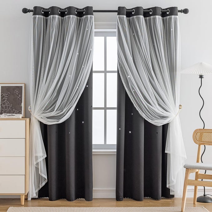 ROMANTIC KIDS CURTAINHOLLOWOUT STARS WINDOW CURTAIN DOUBLE LAYER BLACKOUT CURTAINS FOR GIRLS BEDROOM KIDS ROOM 2PANELW52 X L63BLACK