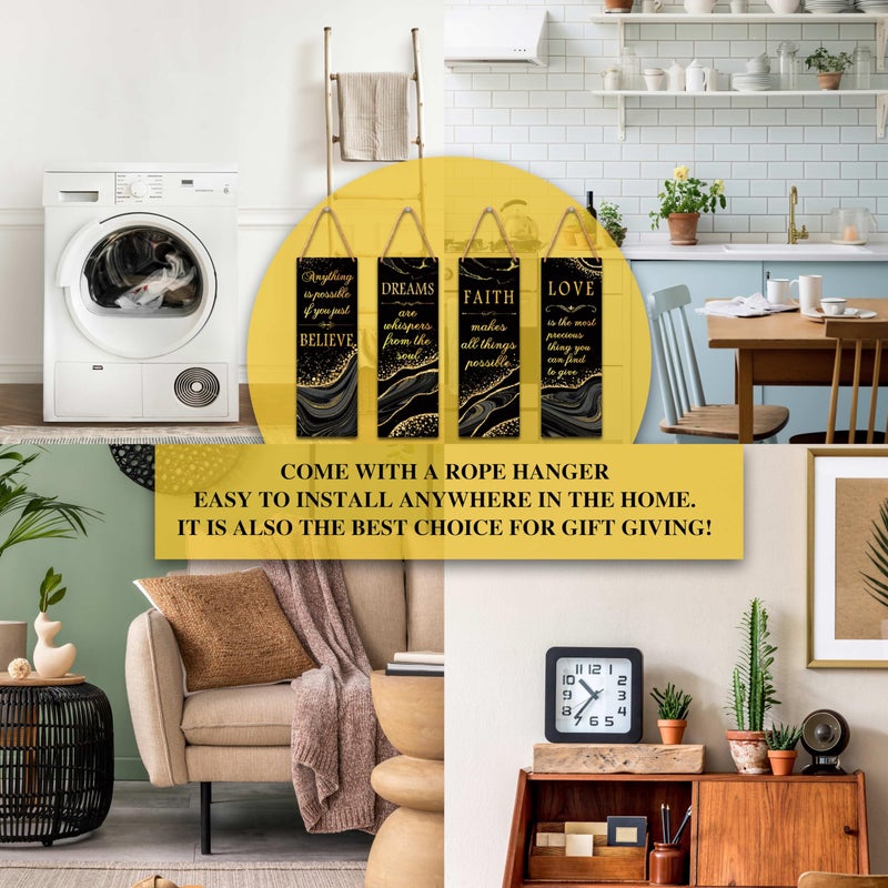 Zmyollo Inspirational Wall Decor Sign, 4 Pieces Black And Gold Wooden Sign With Rope, Believe Dreams Faith Love Wall Art Decor For Home Bedroom Bathroom Living Room, Artwork Gifts For Family Friend, B21 - Image 5