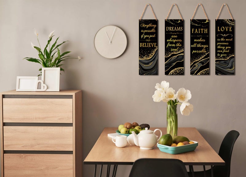 Zmyollo Inspirational Wall Decor Sign, 4 Pieces Black And Gold Wooden Sign With Rope, Believe Dreams Faith Love Wall Art Decor For Home Bedroom Bathroom Living Room, Artwork Gifts For Family Friend, B21 - Image 3