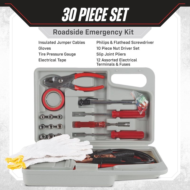TANK Roadside Emergency Car Kit - 30-Piece Road Trip Essentials Tool Set with Jumper Cables and Carrying Case for Car, Truck, or RV by Stalwart (Gray/Red) - Image 3