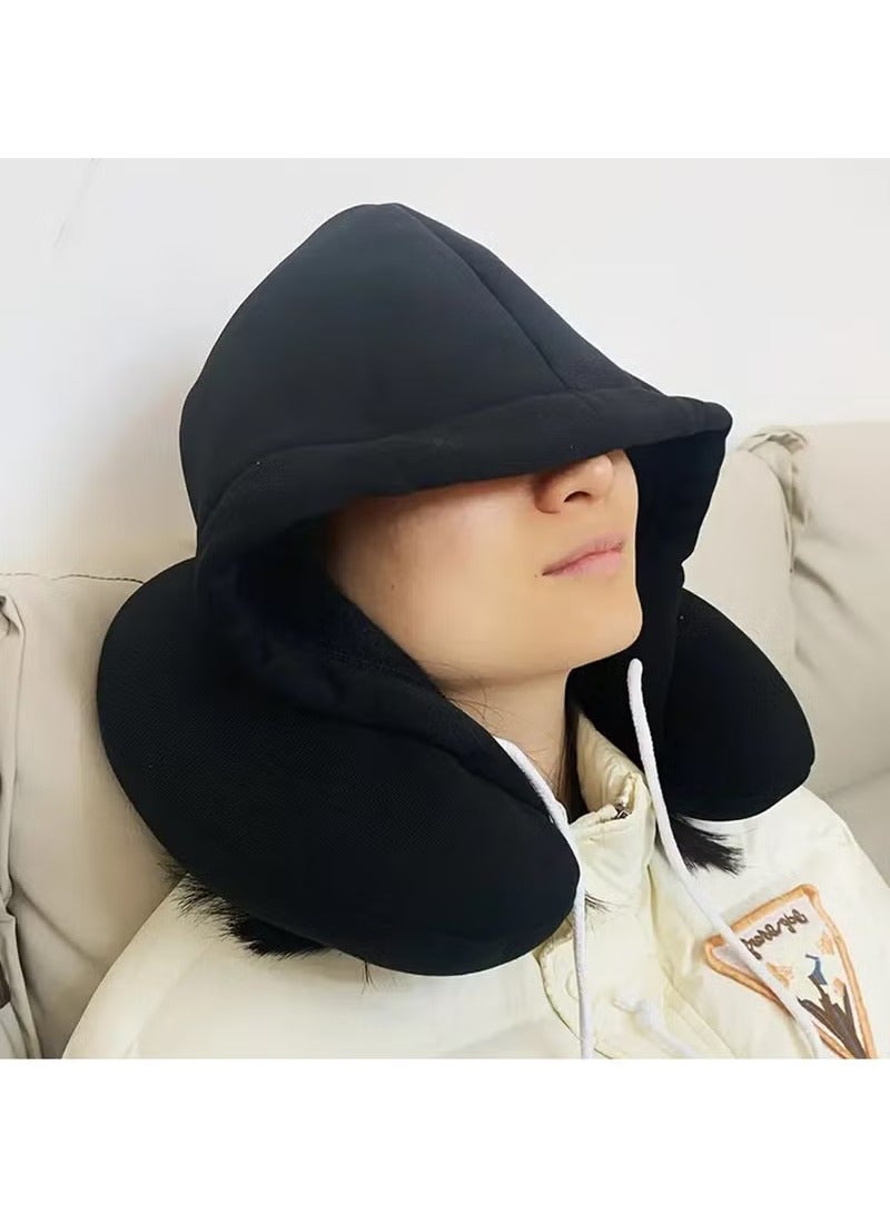 Arabest Cozy Travel Companion - Soft, Particle-Filled, Hooded U-Shaped Neck Pillow for Comfortable Airplane Naps, Relaxing Car Rides, and Peaceful Bus Trips (Black) - Image 1
