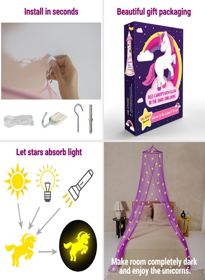 UB-STORE Purple Bed Canopy with Pre-Glued Luminous Unicorns - Purple Princess Mosquito Net for Girls Room Decoration - Canopy Bed Curtains for Children and Baby Bed - Image 4