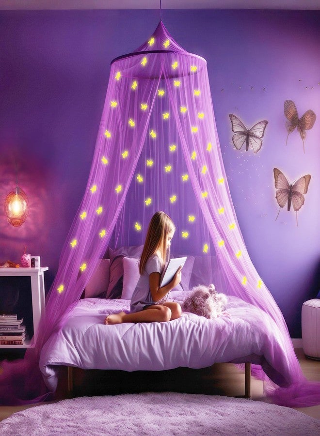 UB-STORE Purple Bed Canopy with Pre-Glued Luminous Unicorns - Purple Princess Mosquito Net for Girls Room Decoration - Canopy Bed Curtains for Children and Baby Bed - Image 1