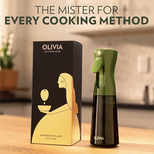Flairosol رذاذ زيت الزيتون FLAIROSOL OLIVIA للطهي، 200 مل زجاجة رذاذ زيت الزيتون، رذاذ طهي مستمر مع تحكم في الكمية، موزع زيت للمطبخ، قلاية هوائية، سلطة، شواء (زجاجة خضراء، طباعة ذهبية) - Image 2