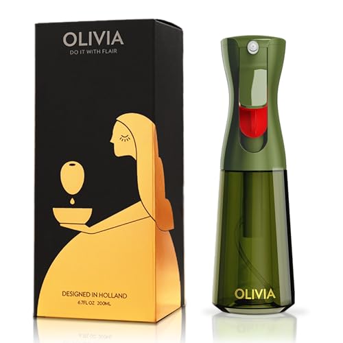 Flairosol رذاذ زيت الزيتون FLAIROSOL OLIVIA للطهي، 200 مل زجاجة رذاذ زيت الزيتون، رذاذ طهي مستمر مع تحكم في الكمية، موزع زيت للمطبخ، قلاية هوائية، سلطة، شواء (زجاجة خضراء، طباعة ذهبية) - Image 1